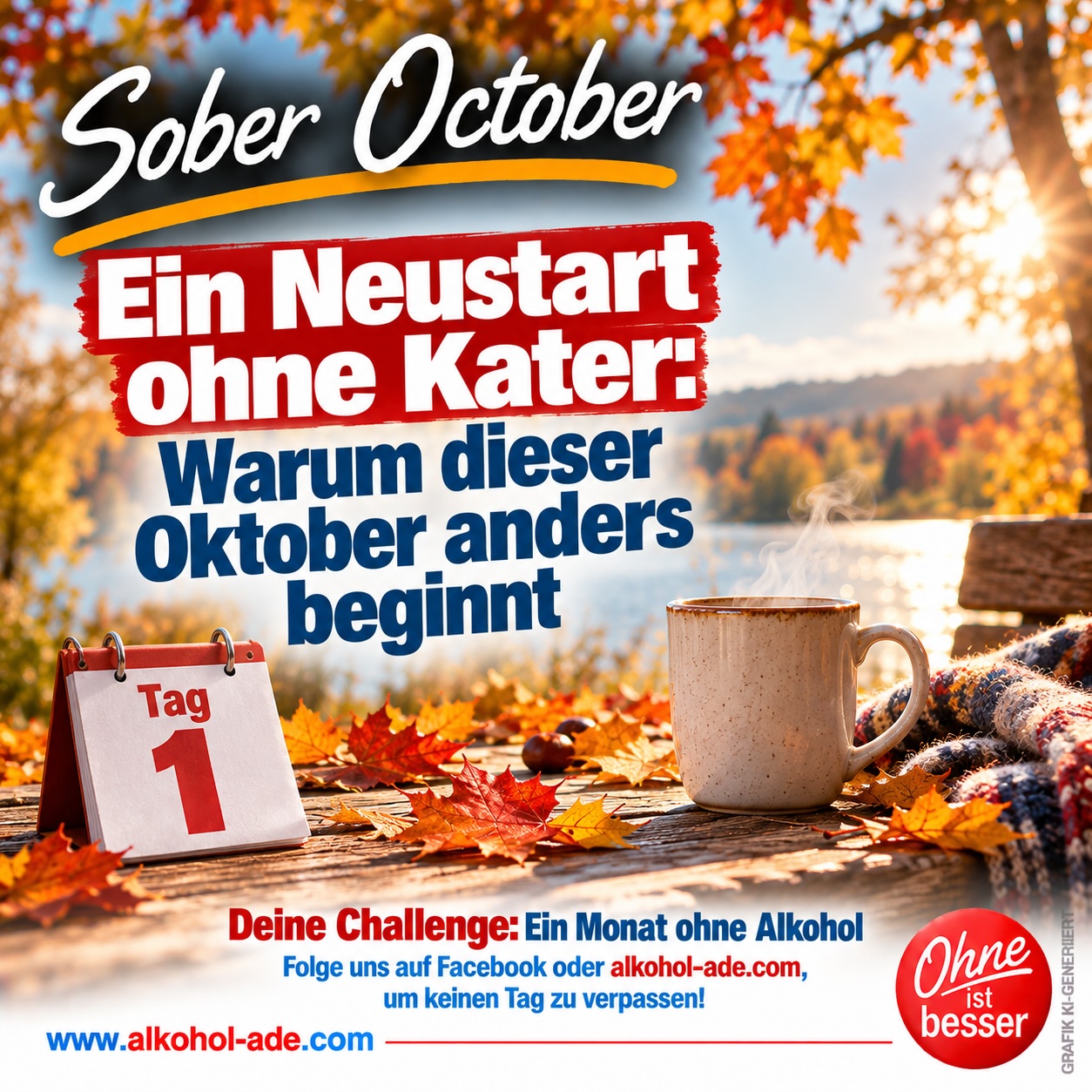 Herbstliche Szene an einem See mit dampfender Tasse und buntem Laub. Grafik zu Tag 1 des Sober October: „Ein Neustart ohne Kater: Warum dieser Oktober anders beginnt“.