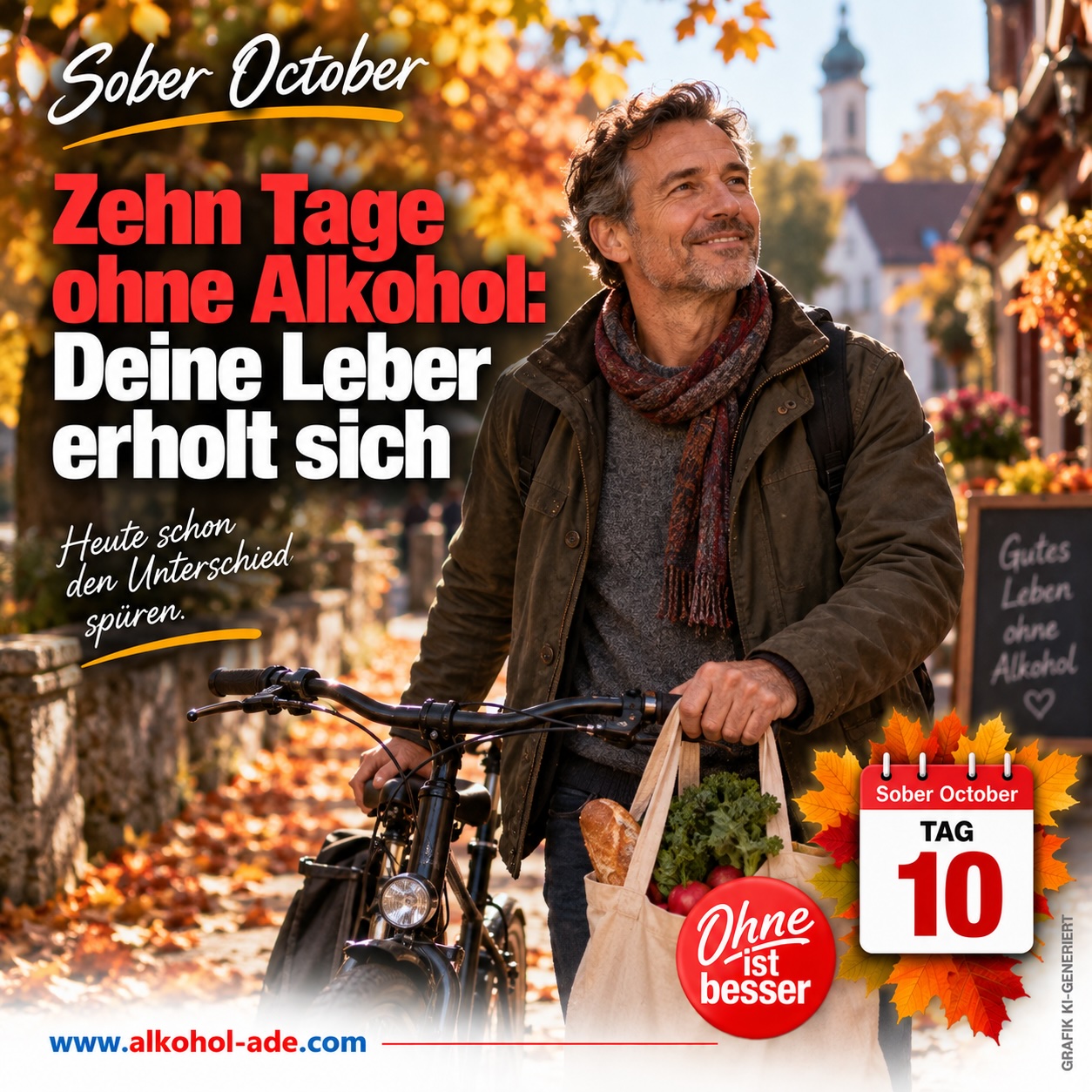 Mann schiebt an einem sonnigen Herbsttag sein Fahrrad mit einer Einkaufstasche voller Lebensmittel durch eine mit Laub bedeckte Straße. Grafik zu Tag 10 des Sober October: „Zehn Tage ohne Alkohol: Deine Leber erholt sich“.