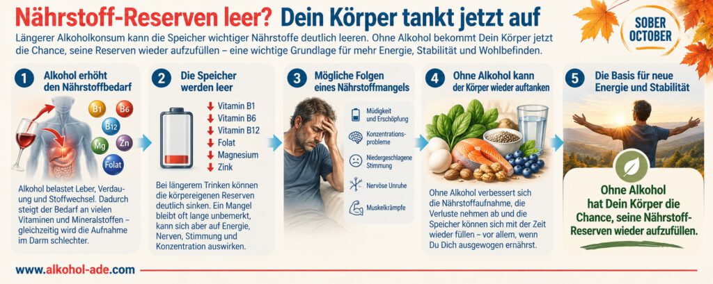 Infografik zum Sober October: Längerer Alkoholkonsum kann die Versorgung und Speicherung wichtiger Nährstoffe wie Vitamin B1, B6, B12, Folat, Magnesium und Zink beeinträchtigen. Mögliche Folgen sind Müdigkeit, Konzentrationsprobleme, gedrückte Stimmung, innere Unruhe und Muskelkrämpfe. Ohne Alkohol kann der Körper seine Nährstoffreserven schrittweise wieder auffüllen.