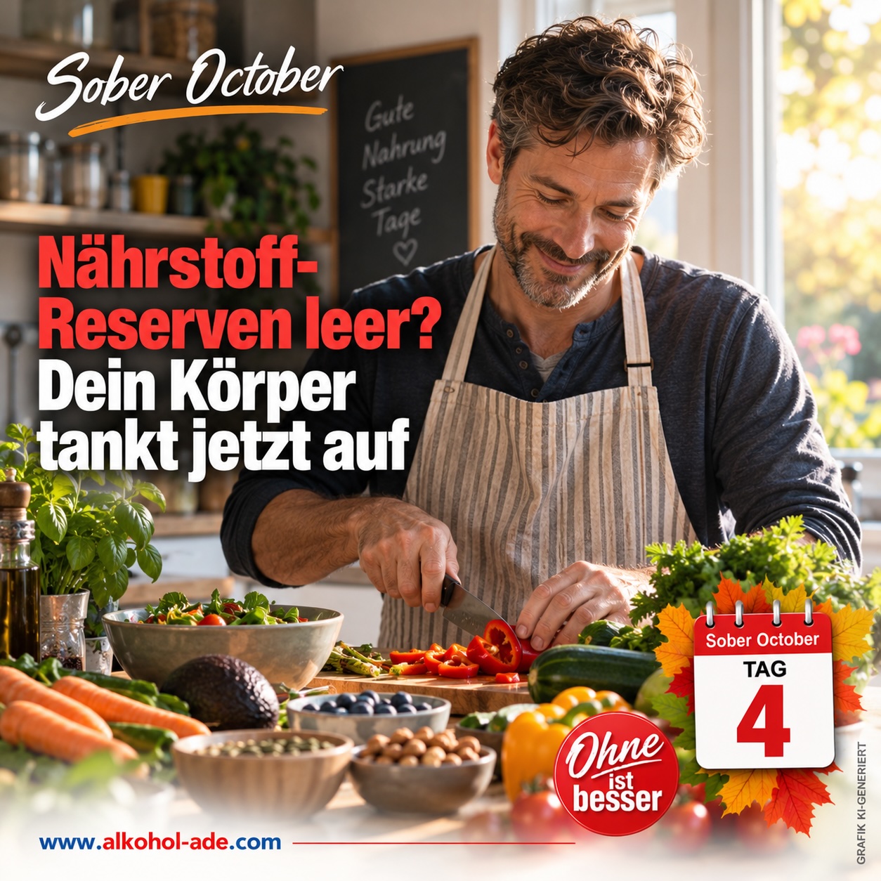 Mann bereitet in einer hellen Küche eine frische Mahlzeit mit Gemüse, Nüssen und Kräutern zu. Grafik zu Tag 4 des Sober October: „Nährstoff-Reserven leer? Dein Körper tankt jetzt auf“.