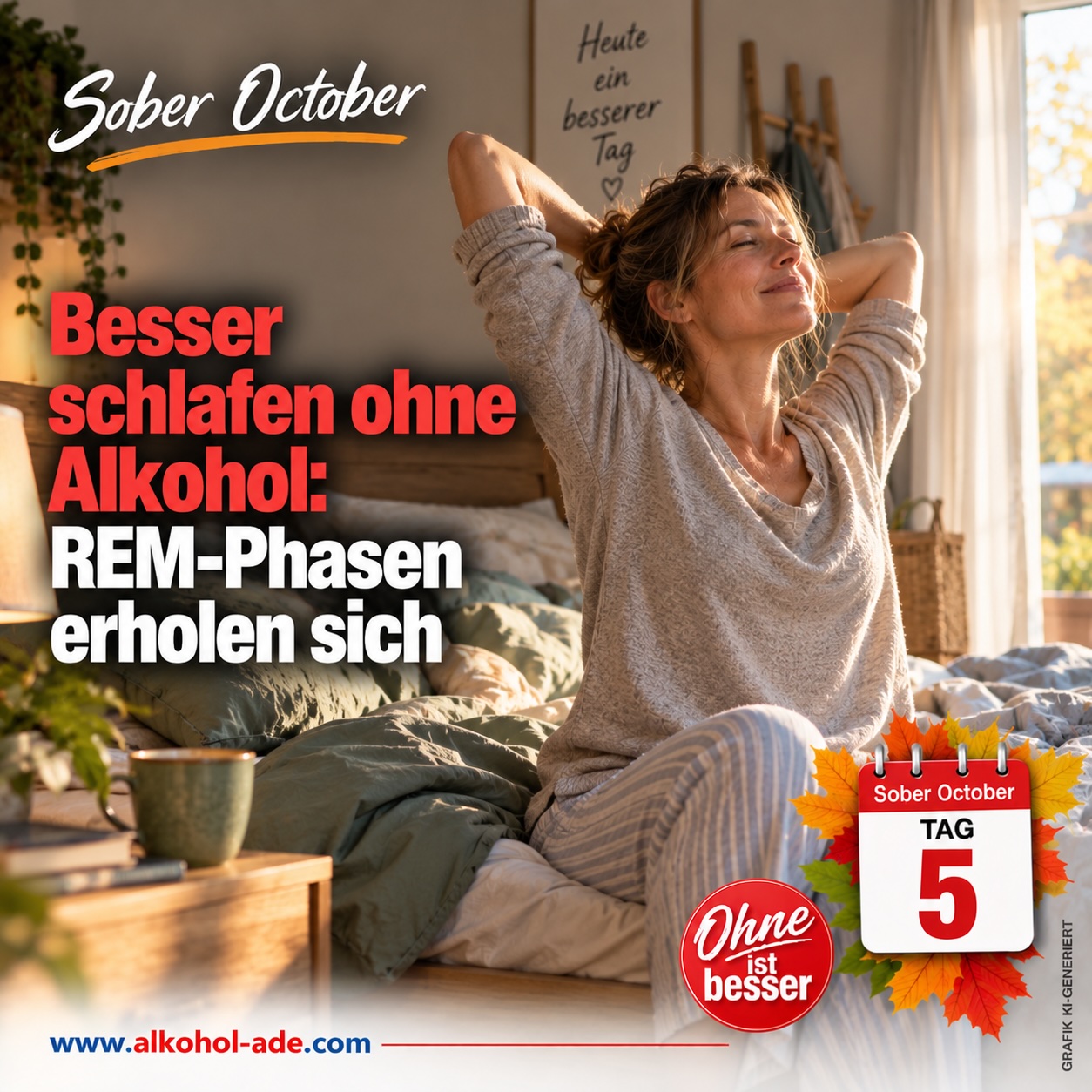 Frau sitzt morgens nach dem Aufwachen auf dem Bett und streckt sich entspannt im warmen Tageslicht. Grafik zu Tag 5 des Sober October: „Besser schlafen ohne Alkohol: REM-Phasen erholen sich“.
