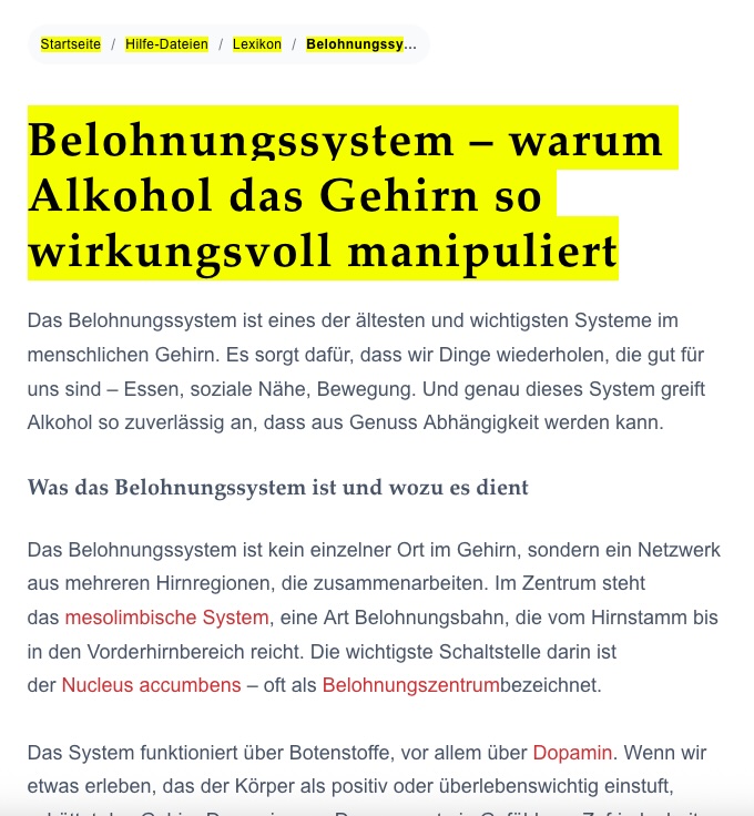 Online-Lexikon von Alkohol adé: Stichwort Belohnungssystem