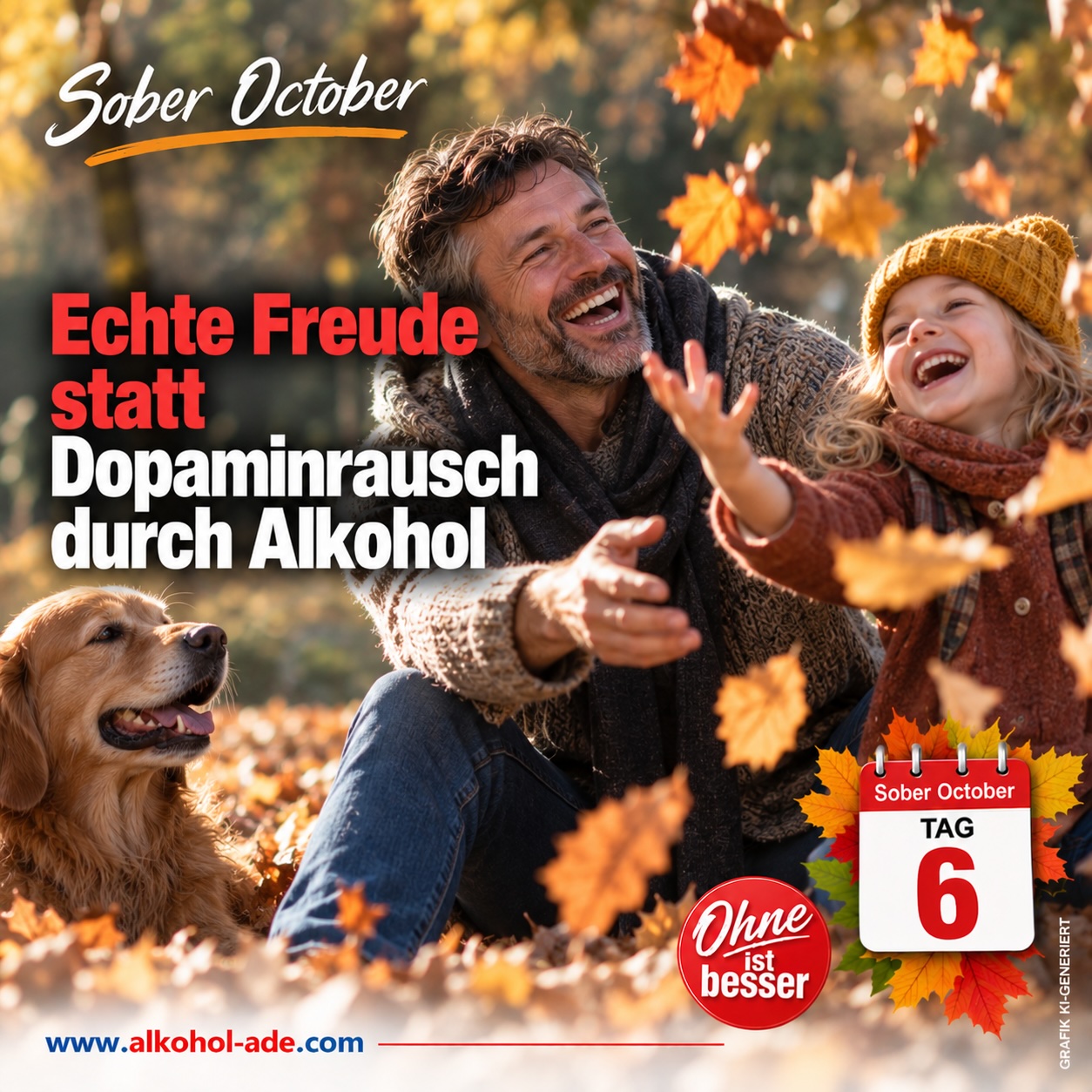 Vater und Tochter lachen gemeinsam beim Spielen mit Herbstlaub im Park, während ein Hund neben ihnen sitzt. Grafik zu Tag 6 des Sober October: „Echte Freude statt Dopaminrausch durch Alkohol“.