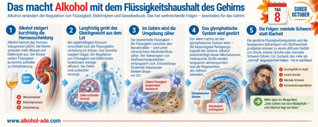Infografik zum Flüssigkeitshaushalt des Gehirns: Alkohol steigert zunächst die Harnausscheidung und kann bei regelmäßigem Konsum Flüssigkeits- und Elektrolytregulation sowie den Abtransport von Stoffwechselprodukten im Gehirn beeinträchtigen. Das gestörte glymphatische System kann zu mentaler Schwere, innerer Unruhe und Konzentrationsproblemen beitragen.