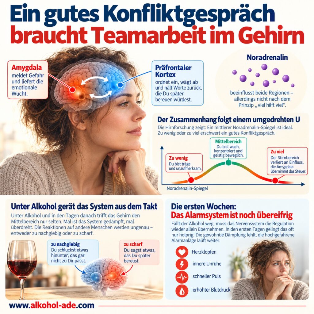 Infografik „Ein gutes Konfliktgespräch braucht Teamarbeit im Gehirn“. Dargestellt sind Amygdala und präfrontaler Kortex sowie der Einfluss von Noradrenalin. Eine umgekehrte U-Kurve zeigt: Bei mittlerem Noradrenalin-Spiegel arbeitet der präfrontale Kortex optimal; bei zu hohen Werten gewinnt die Amygdala an Einfluss. Weitere Bereiche erklären, wie Alkohol diese Regulation stört und warum das Alarmsystem in den ersten alkoholfreien Wochen mit Herzklopfen, innerer Unruhe, schnellem Puls oder erhöhtem Blutdruck noch überaktiv sein kann.