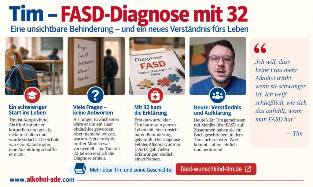 Infografik „Tim – FASD-Diagnose mit 32“: Vier Stationen zeigen Tims Lebensweg vom schwierigen Start als Adoptivkind über Schulprobleme und lange ungeklärte Schwierigkeiten bis zur Diagnose Fetales Alkoholsyndrom (FASD) mit 32 Jahren. Heute klärt Tim gemeinsam mit seiner Adoptivmutter Monika über FASD auf. Ein Foto zeigt Tim als Erwachsenen. Daneben sein Zitat: „Ich will, dass keine Frau mehr Alkohol trinkt, wenn sie schwanger ist. Ich weiß schließlich, wie sich das anfühlt, wenn man FASD hat.“ Unten Verweis auf fasd-wunschkind-tim.de und www.alkohol-ade.com