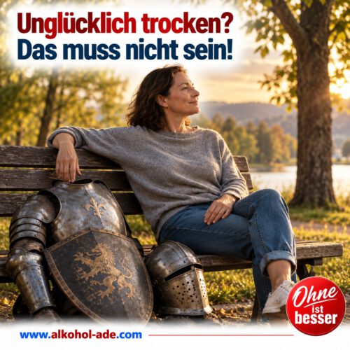 Eine entspannte Frau sitzt auf einer Parkbank im warmen Abendlicht. Neben ihr liegt eine abgelegte Ritterrüstung mit Schild und Helm. Ihr ruhiger Blick in die Ferne symbolisiert, dass der Kampf vorbei ist und sie ihre Last hinter sich gelassen hat.