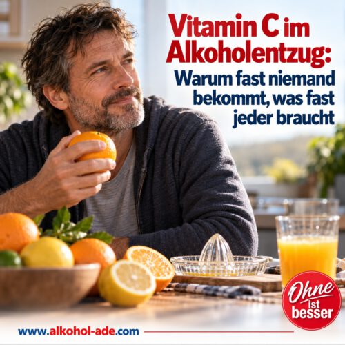 Mann sitzt an einem Tisch mit Orangen, Zitronen, Saftpresse und einem Glas Orangensaft. Daneben die Überschrift: „Vitamin C im Alkoholentzug: Warum fast niemand bekommt, was fast jeder braucht“. Unten alkohol-ade.com und „Ohne ist besser“.