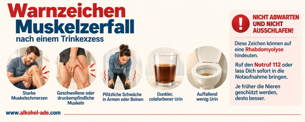 Infografik „Warnzeichen Muskelzerfall nach einem Trinkexzess“. Gezeigt werden fünf mögliche Anzeichen einer Rhabdomyolyse: starke Muskelschmerzen, geschwollene oder druckempfindliche Muskeln, plötzliche Schwäche in Armen oder Beinen, dunkler colafarbener Urin und auffallend wenig Urin. Ein Warnfeld fordert dazu auf, nicht abzuwarten oder die Beschwerden auszuschlafen, sondern den Notruf 112 zu wählen oder sich sofort in die Notaufnahme bringen zu lassen. Hinweis: Je früher die Nieren geschützt werden, desto besser.
