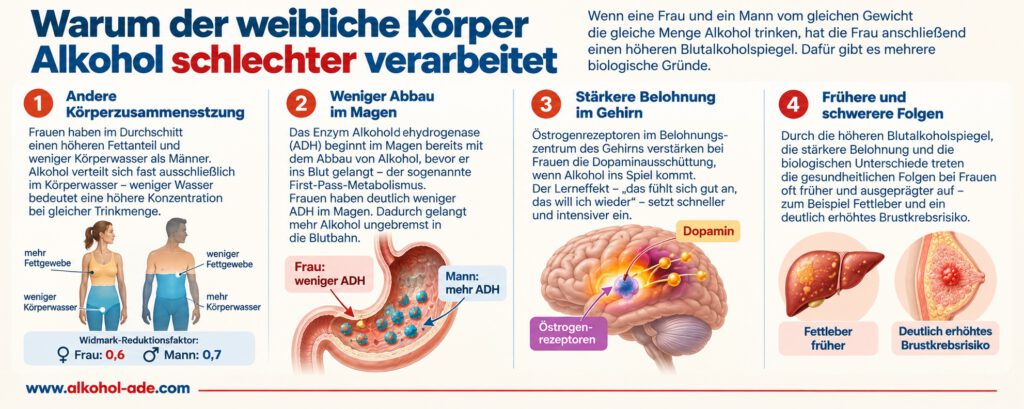 Infografik „Warum der weibliche Körper Alkohol schlechter verarbeitet“: Sie zeigt vier biologische Faktoren – weniger Körperwasser und höheren Fettanteil, geringeren Alkoholabbau durch ADH im Magen, eine stärkere Dopaminreaktion im Belohnungssystem sowie früher auftretende gesundheitliche Folgen wie Fettleber und ein erhöhtes Brustkrebsrisiko.