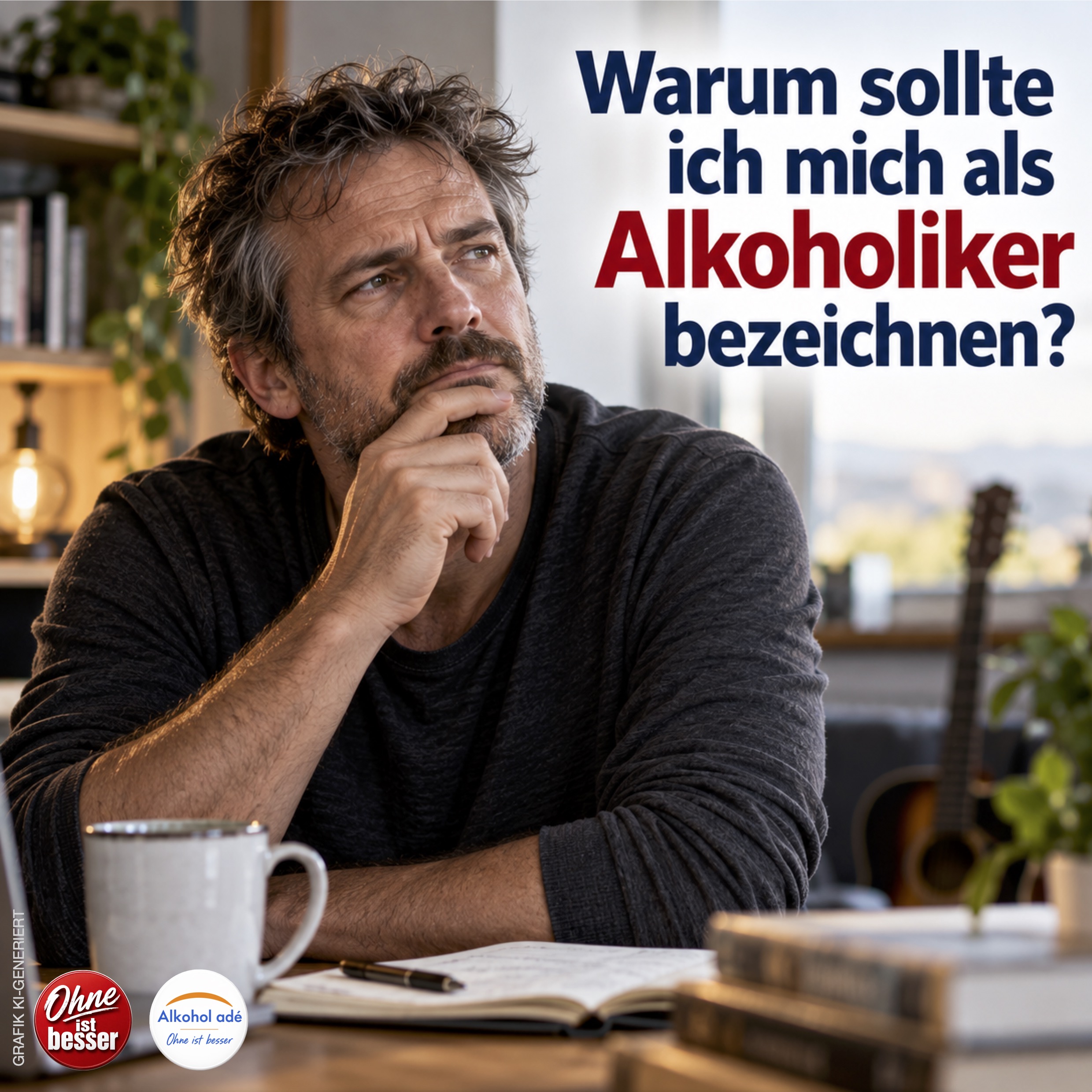 Nachdenklicher Mann sitzt zu Hause am Schreibtisch und hinterfragt die Selbstbezeichnung als „Alkoholiker“, nachdem er problematischen Alkoholkonsum hinter sich gelassen hat.