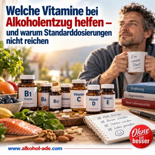 Mann sitzt an einem Tisch mit vitaminreichen Lebensmitteln und verschiedenen Vitaminpräparaten. Zu sehen sind unter anderem B-Vitamine sowie Vitamin C, D und E. Überschrift: „Welche Vitamine bei Alkoholentzug helfen – und warum Standarddosierungen nicht reichen.“
