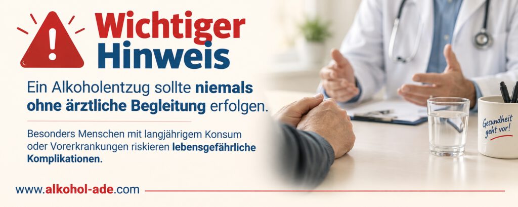 Infografik mit Warnsymbol und Arztgespräch: Ein Alkoholentzug sollte niemals ohne ärztliche Begleitung erfolgen. Besonders Menschen mit langjährigem Alkoholkonsum oder Vorerkrankungen riskieren lebensgefährliche Komplikationen.