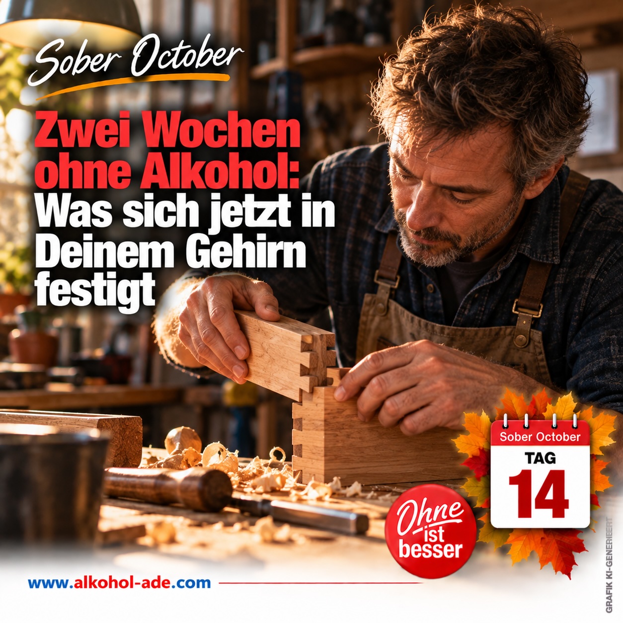 Mann fügt in einer warm beleuchteten Werkstatt zwei Holzteile mit einer Schwalbenschwanzverbindung zusammen. Grafik zu Tag 14 des Sober October: „Zwei Wochen ohne Alkohol: Was sich jetzt in Deinem Gehirn festigt“.