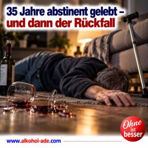 Nach einem Rückfall liegt eine Person neben dem Sofa auf dem Boden; daneben stehen eine Weinflasche und ein umgestürztes, zerbrochenes Weinglas, an der Couch lehnt eine Gehhilfe. Überschrift: „35 Jahre abstinent gelebt – und dann der Rückfall.“