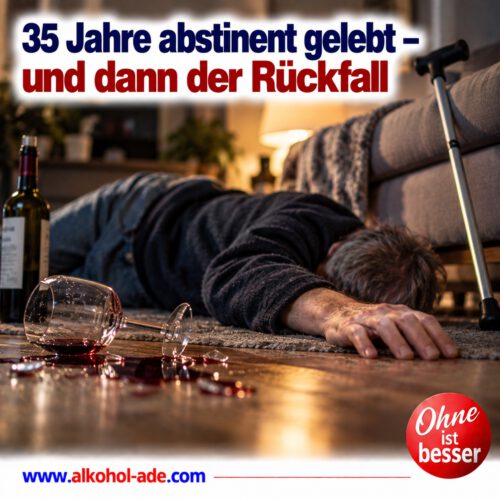 Nach einem Rückfall liegt eine Person neben dem Sofa auf dem Boden; daneben stehen eine Weinflasche und ein umgestürztes, zerbrochenes Weinglas, an der Couch lehnt eine Gehhilfe. Überschrift: „35 Jahre abstinent gelebt – und dann der Rückfall.“