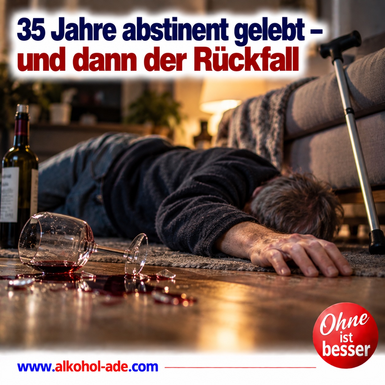 Nach einem Rückfall liegt eine Person neben dem Sofa auf dem Boden; daneben stehen eine Weinflasche und ein umgestürztes, zerbrochenes Weinglas, an der Couch lehnt eine Gehhilfe. Überschrift: „35 Jahre abstinent gelebt – und dann der Rückfall.“