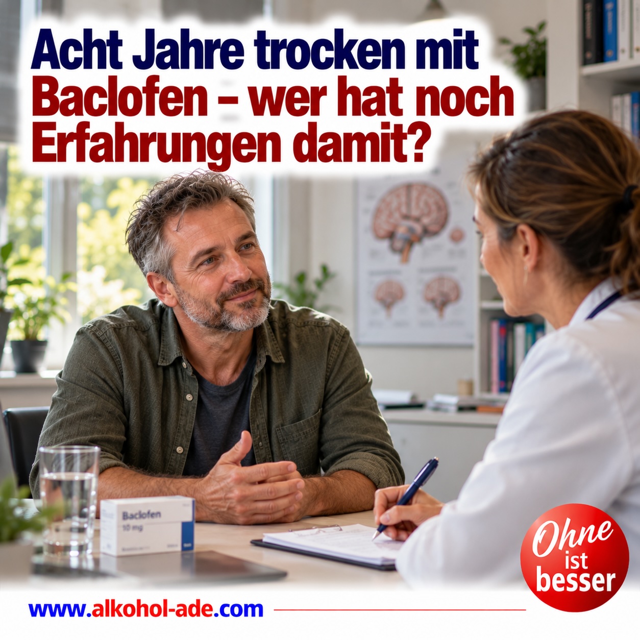 Mann im Gespräch mit einer Ärztin über seine Erfahrungen mit Baclofen zur Unterstützung der Alkoholabstinenz. Auf dem Schreibtisch stehen eine Packung Baclofen und ein Glas Wasser. Überschrift: „Acht Jahre trocken mit Baclofen – wer hat noch Erfahrungen damit?“