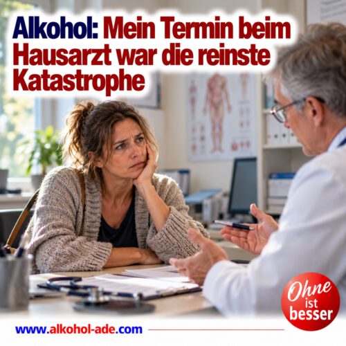 Frau sitzt mit ernstem, irritiertem Blick ihrem Hausarzt gegenüber, der während des Gesprächs über ihr Alkoholproblem mit den Händen gestikuliert. Überschrift: „Alkohol: Mein Termin beim Hausarzt war die reinste Katastrophe.“