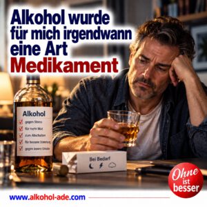 Nachdenklicher Mann sitzt mit einem Glas Alkohol vor sich am Tisch. Eine Flasche ist wie ein Medikament beschriftet und nennt Stress, innere Unruhe und den Wunsch nach Abschalten als vermeintliche „Anwendungsgebiete“. Überschrift: „Alkohol wurde für mich irgendwann eine Art Medikament.“