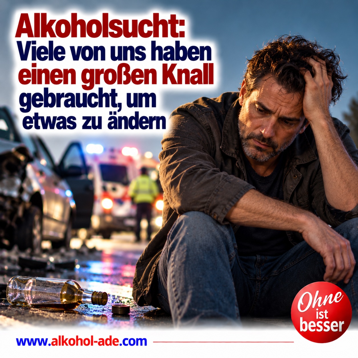 Verzweifelter Mann sitzt nach einem schweren Autounfall am Straßenrand und hält sich den Kopf; im Hintergrund sind Unfallwagen, Rettungskräfte und Blaulicht zu sehen, neben ihm liegt eine Alkoholflasche. Überschrift: „Alkoholsucht: Viele von uns haben einen großen Knall gebraucht, um etwas zu ändern.“