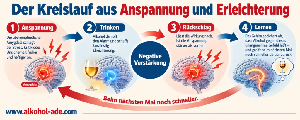 Infografik „Der Kreislauf aus Anspannung und Erleichterung“: Vier Schritte zeigen die negative Verstärkung bei Alkoholabhängigkeit – Anspannung durch eine überempfindliche Amygdala, kurzfristige Erleichterung durch Alkohol, stärkere Anspannung nach dem Nachlassen der Wirkung und das Lernen des Gehirns, Alkohol beim nächsten Mal noch schneller als Lösung einzusetzen.