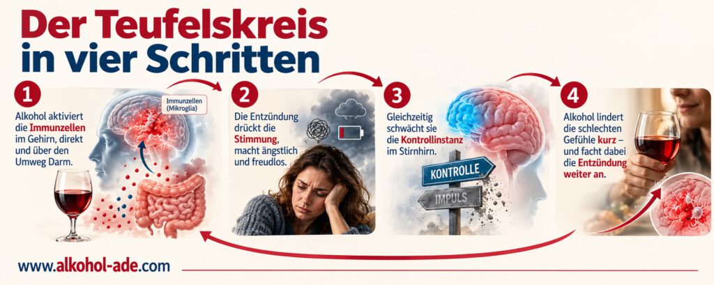 Infografik „Der Teufelskreis in vier Schritten“: Alkohol aktiviert Immunzellen im Gehirn direkt und über den Darm. Die folgende Entzündung verschlechtert Stimmung und Angst und schwächt zugleich die Kontrollfunktion des Stirnhirns. Alkohol lindert die negativen Gefühle kurzfristig, verstärkt dabei jedoch erneut die Entzündung – der Kreislauf beginnt von vorn.