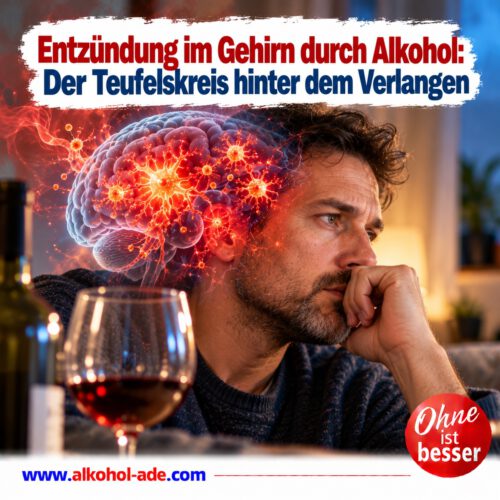 Nachdenklicher Mann sitzt vor einem Glas Wein, während ein leuchtendes Gehirn mit aktivierten Immunzellen die Neuroinflammation durch Alkohol symbolisiert. Überschrift: „Entzündung im Gehirn durch Alkohol: Der Teufelskreis hinter dem Verlangen.“