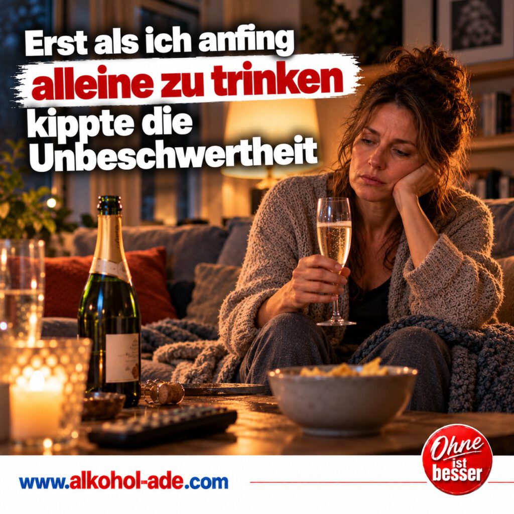 Nachdenkliche Frau sitzt abends allein auf dem Sofa und hält ein Glas Sekt in der Hand, während eine geöffnete Sektflasche vor ihr auf dem Tisch steht. Die Szene zeigt den Wendepunkt vom geselligen zum einsamen Alkoholkonsum. Überschrift: „Erst als ich anfing alleine zu trinken kippte die Unbeschwertheit.“