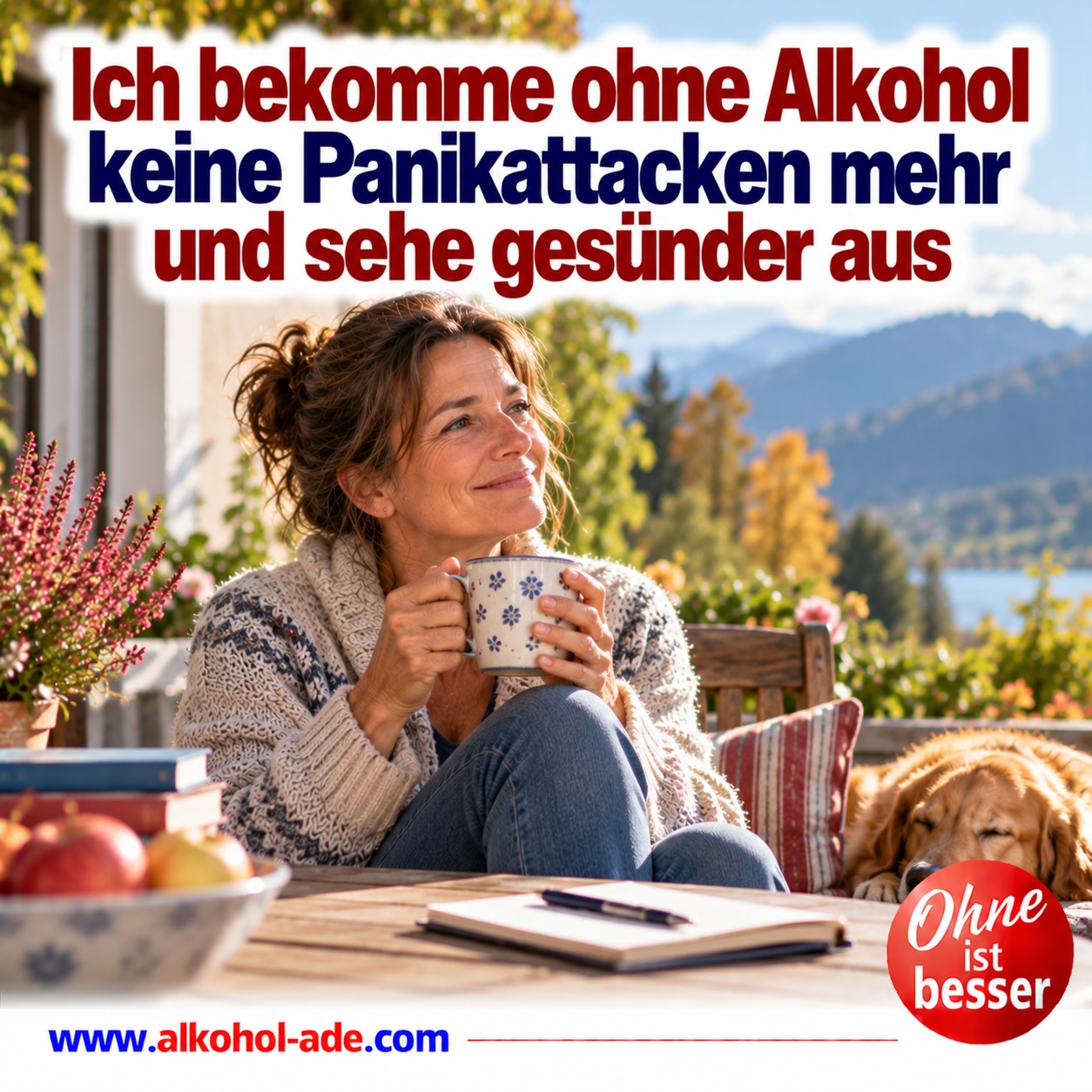 Entspannte Frau sitzt morgens mit einer Tasse und Büchern auf der Terrasse und genießt ruhig den Tag; neben ihr schläft ein Hund. Überschrift: „Ich bekomme ohne Alkohol keine Panikattacken mehr und sehe gesünder aus“