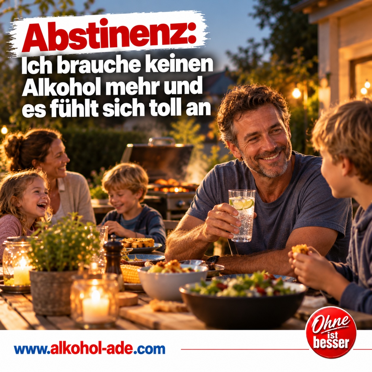 Zufriedener Mann sitzt mit seiner Familie beim gemeinsamen Grillabend im Garten und trinkt ein Glas sprudelndes Wasser, während seine Kinder und Partnerin ausgelassen am Tisch sitzen. Die entspannte Alltagsszene steht für ein erfülltes Familienleben ohne Alkohol. Überschrift: „Abstinenz: Ich brauche keinen Alkohol mehr und es fühlt sich toll an.“