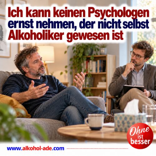 Mann sitzt im Gespräch mit einem Psychologen und erklärt gestikulierend seine Erfahrungen mit Alkoholabhängigkeit, während der jüngere Therapeut nachdenklich zuhört und Notizen macht. Überschrift: „Ich kann keinen Psychologen ernst nehmen, der nicht selbst Alkoholiker gewesen ist.“