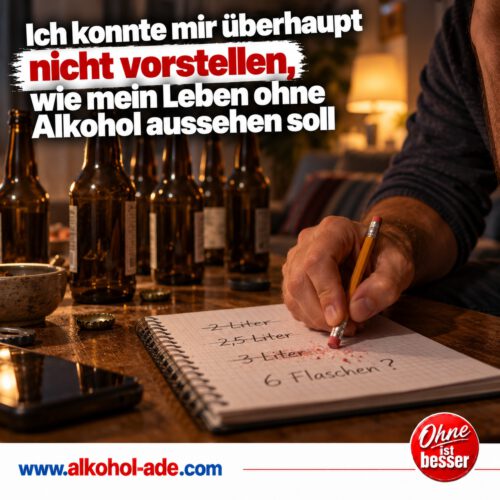 Mann radiert Zahl auf Notizblock aus, dahinter leere Bierflaschen – Trinkmenge bei Alkoholsucht