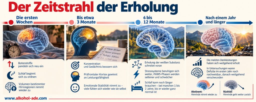 Infografik „Der Zeitstrahl der Erholung“: Vier Etappen zeigen die Erholung des Gehirns nach dem Alkoholverzicht – von ersten Veränderungen bei Botenstoffen, Schlaf und Hirnvolumen über bessere Konzentration, Gedächtnis und emotionale Stabilität bis zur Erholung weißer Substanz und langfristiger Denkleistung. Hirnscans symbolisieren: Bei anhaltender Abstinenz kann die Hirnrinde wieder an Volumen gewinnen, bei einem Rückfall weiter abnehmen.