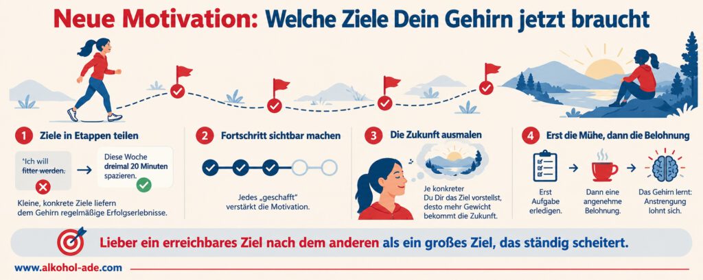 Infografik „Neue Motivation: Welche Ziele Dein Gehirn jetzt braucht“. Ein Weg mit mehreren erreichbaren Etappen veranschaulicht, wie Motivation neu aufgebaut wird: Ziele in kleine Schritte teilen, Fortschritt sichtbar machen, sich die Zukunft konkret vorstellen und Anstrengung mit anschließender Belohnung verknüpfen. Kernaussage: Lieber ein erreichbares Ziel nach dem anderen als ein großes Ziel, das ständig scheitert.