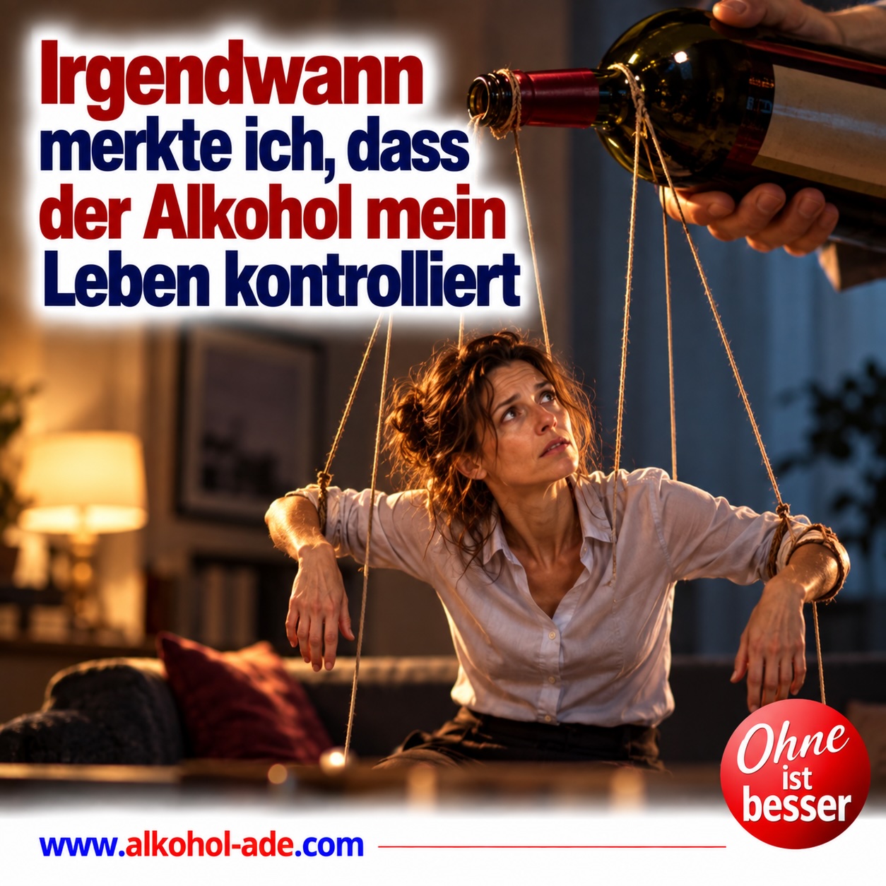 Frau wird wie eine Marionette an Fäden von einer über ihr schwebenden Weinflasche gesteuert und blickt beunruhigt zu ihr auf. Das Motiv symbolisiert den zunehmenden Kontrollverlust durch Alkohol. Überschrift: „Irgendwann merkte ich, dass der Alkohol mein Leben kontrolliert.“
