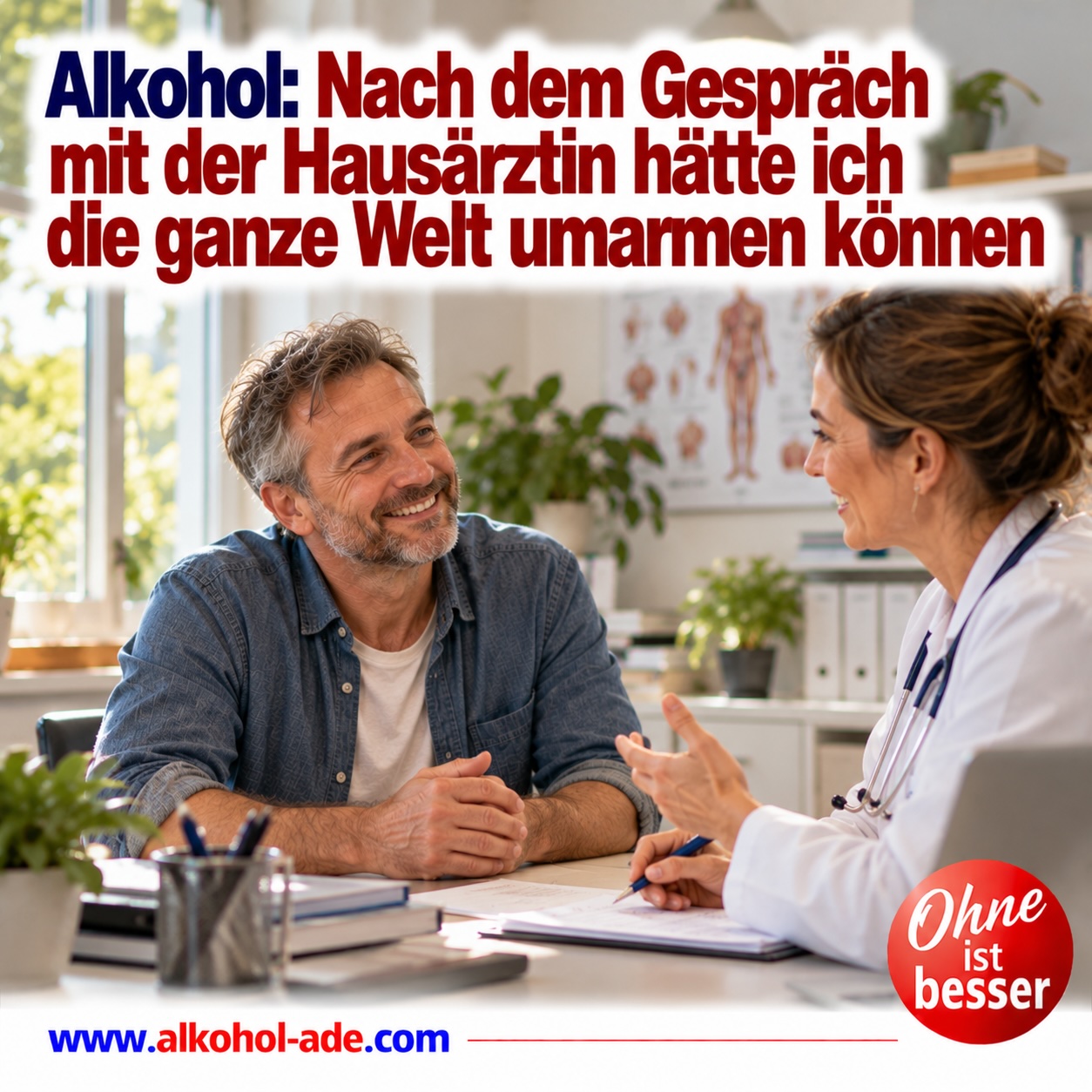Glücklicher Mann sitzt seiner Hausärztin im Sprechzimmer gegenüber und wirkt nach dem einfühlsamen Gespräch über sein Alkoholproblem erleichtert und zuversichtlich. Überschrift: „Alkohol: Nach dem Gespräch mit der Hausärztin hätte ich die ganze Welt umarmen können.“