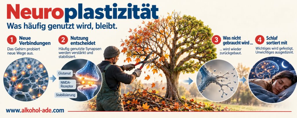 Infografik zur Neuroplastizität: Das Gehirn bildet neue Verbindungen, stärkt häufig genutzte Synapsen über Glutamat und NMDA-Rezeptoren, baut ungenutzte Verbindungen zurück und festigt wichtige Muster im Schlaf. Ein Gärtner beim herbstlichen Baumschnitt veranschaulicht die Auswahl und Stabilisierung neuronaler Verbindungen.