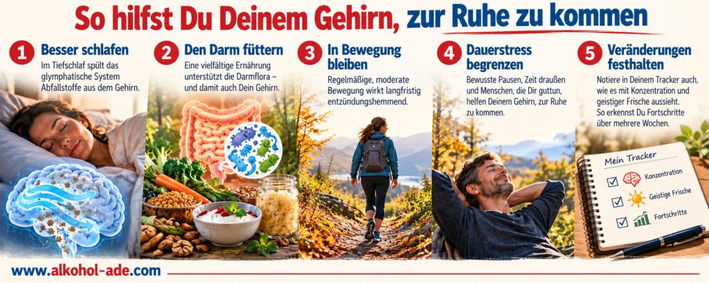 Infografik „So hilfst Du Deinem Gehirn, zur Ruhe zu kommen“ mit fünf Empfehlungen: besser schlafen zur Unterstützung des glymphatischen Systems, darmfreundliche Ernährung, regelmäßige moderate Bewegung, Dauerstress begrenzen sowie Veränderungen von Konzentration und geistiger Frische im Tracker festhalten.