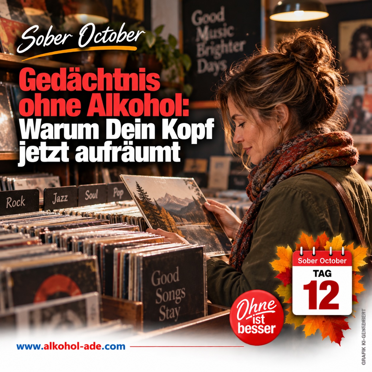 Frau stöbert in einem Plattenladen durch Schallplatten und betrachtet aufmerksam ein Album. Grafik zu Tag 12 des Sober October: „Gedächtnis ohne Alkohol: Warum Dein Kopf jetzt aufräumt“.