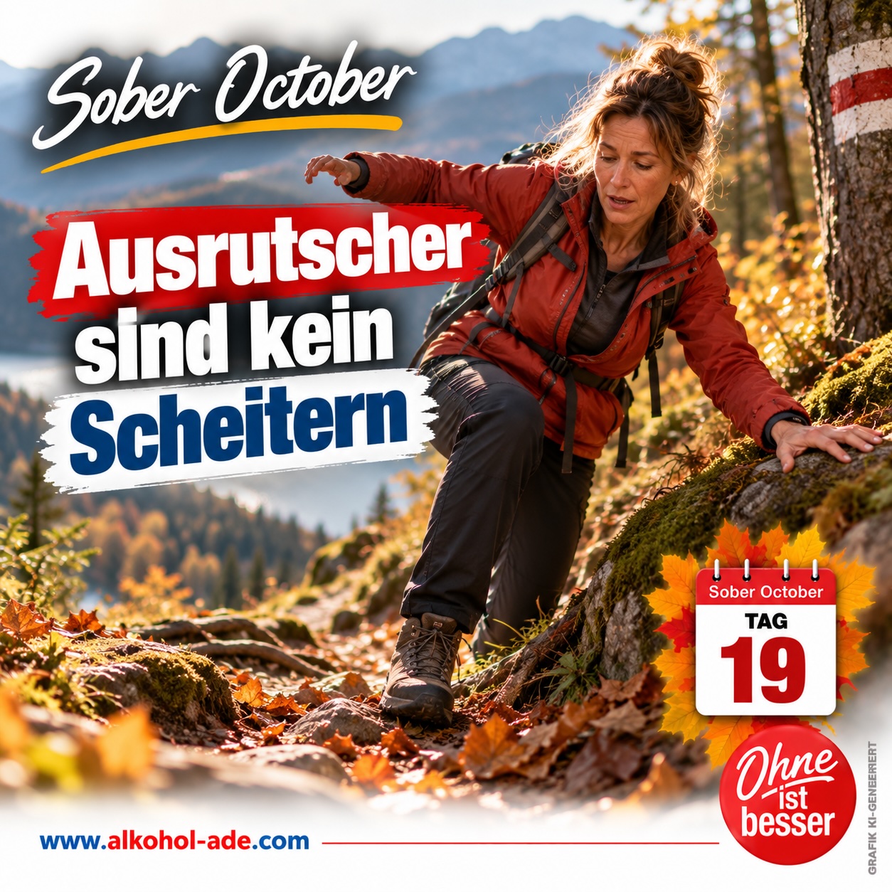 Frau gerät beim Wandern auf einem herbstlichen Bergpfad kurz aus dem Gleichgewicht und fängt sich wieder ab. Grafik zu Tag 19 des Sober October: „Ausrutscher sind kein Scheitern“.