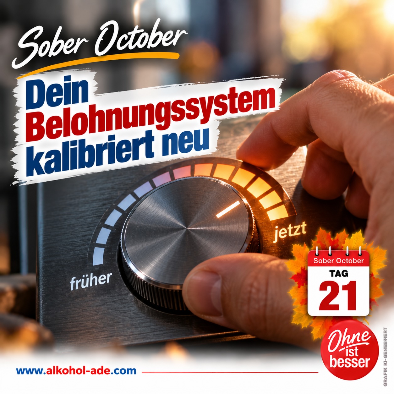 Nahaufnahme einer Hand, die einen großen Lautstärkeregler von „früher“ auf „jetzt“ dreht. Grafik zu Tag 21 des Sober October: „Dein Belohnungssystem kalibriert neu“.