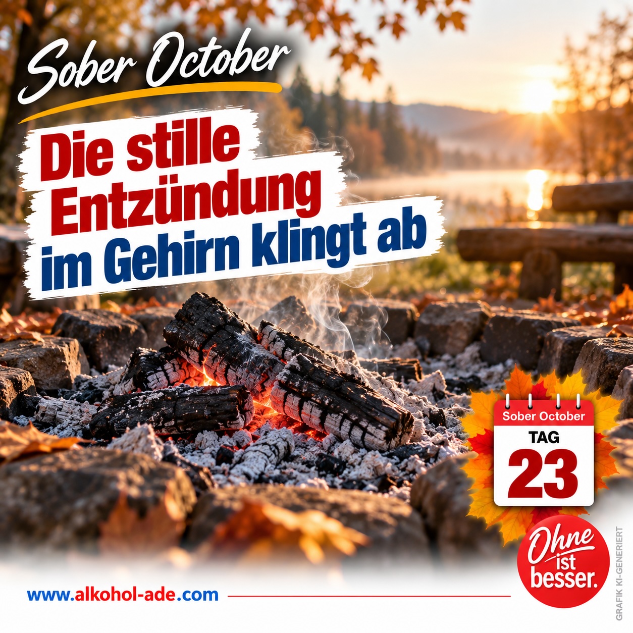 Nahaufnahme einer fast erloschenen Feuerstelle mit glimmenden Holzscheiten, Asche und aufsteigendem Rauch in herbstlicher Landschaft. Grafik zu Tag 23 des Sober October: „Die stille Entzündung im Gehirn klingt ab“.