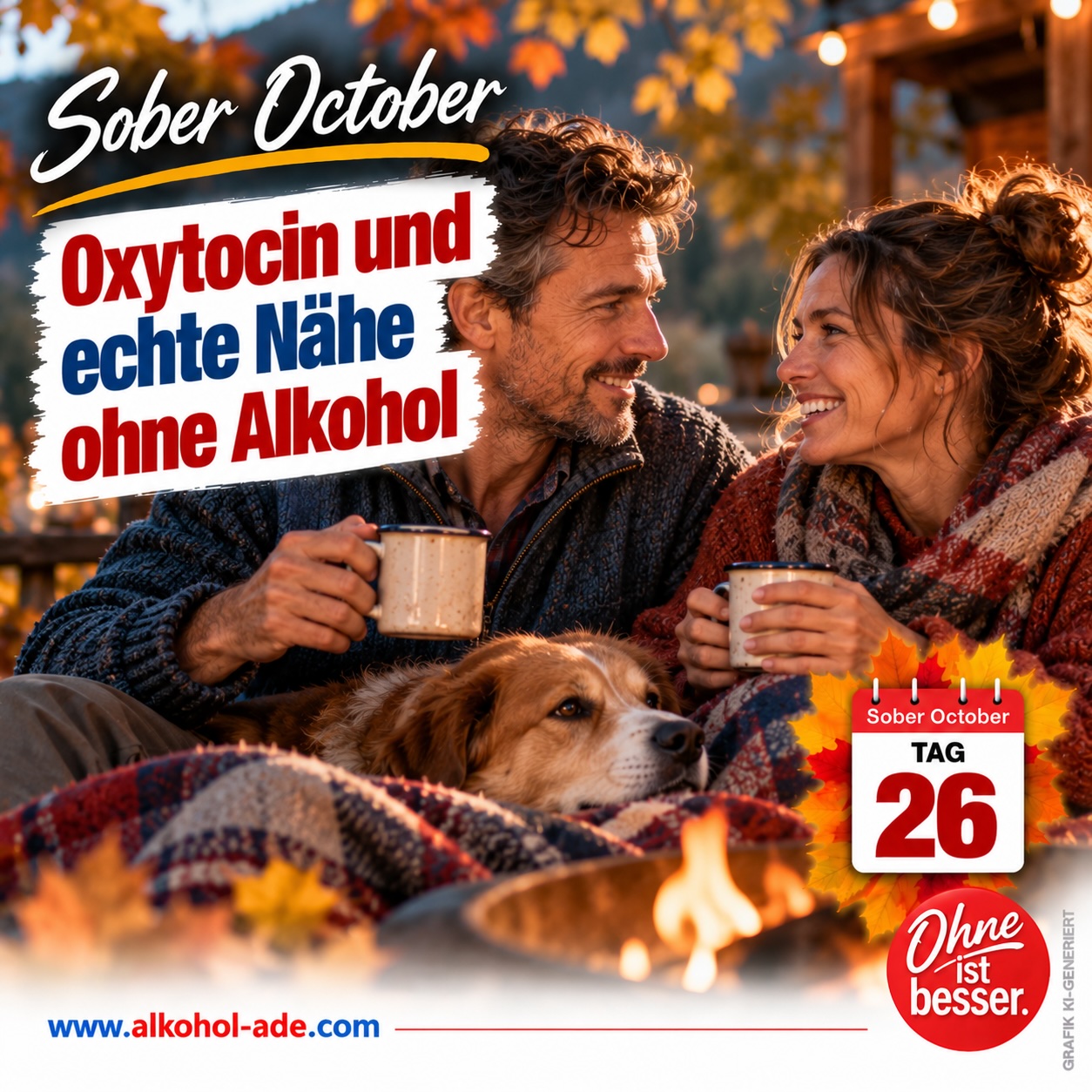Mann und Frau sitzen an einem herbstlichen Abend gemeinsam am Feuer, schauen sich lächelnd an und halten warme Getränke in den Händen; zwischen ihnen liegt ein Hund. Grafik zu Tag 26 des Sober October: „Oxytocin und echte Nähe ohne Alkohol“.