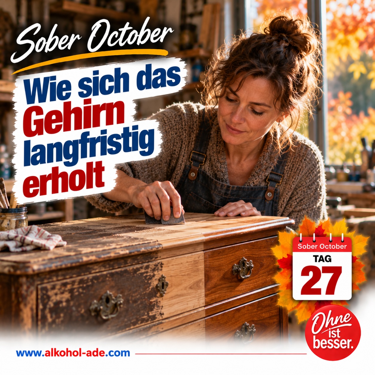 Frau restauriert konzentriert eine alte Holzkommode, deren Oberfläche bereits teilweise aufgearbeitet ist. Grafik zu Tag 27 des Sober October: „Wie sich das Gehirn langfristig erholt“.