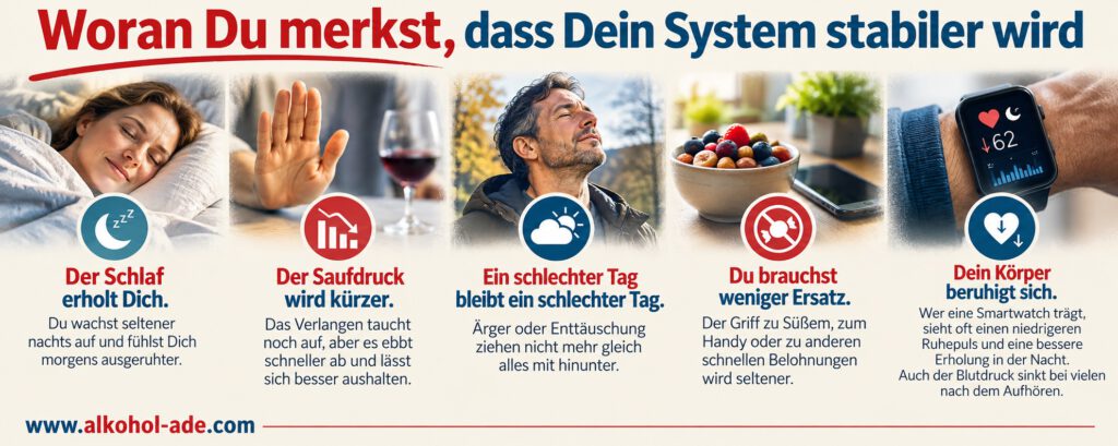 Infografik „Woran Du merkst, dass Dein System stabiler wird“ mit fünf Anzeichen nach dem Alkoholverzicht: erholsamerer Schlaf, kürzerer Saufdruck, mehr emotionale Stabilität an schlechten Tagen, weniger Bedürfnis nach schnellen Ersatzbelohnungen und körperliche Beruhigung mit niedrigerem Ruhepuls und besserer nächtlicher Erholung.