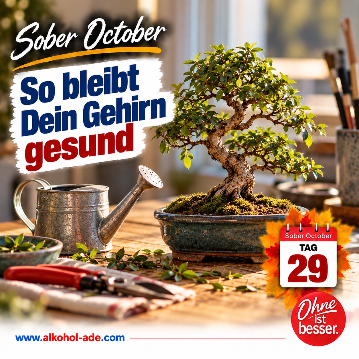 Gepflegter Bonsai auf einem Holztisch mit kleiner Gießkanne und Gartenschere als Symbol für langfristige Pflege. Grafik zu Tag 29 des Sober October: „So bleibt Dein Gehirn gesund“.