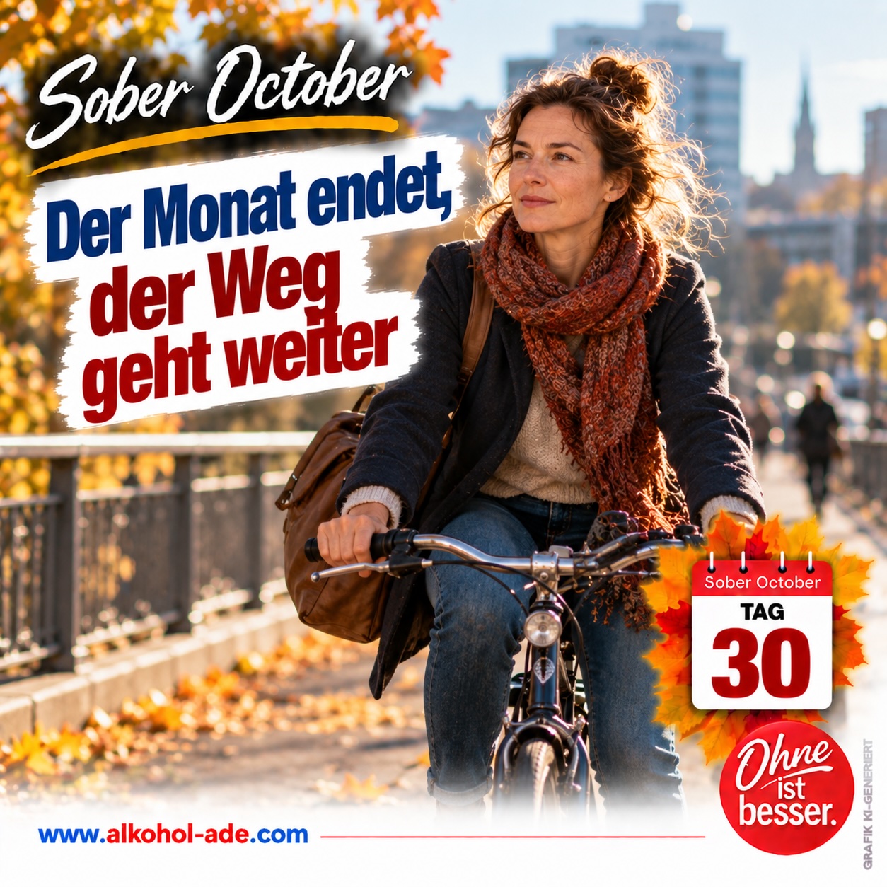 Frau radelt an einem Herbstmorgen zur Arbeit – nach dem Sober October geht der Weg im Alltag weiter
