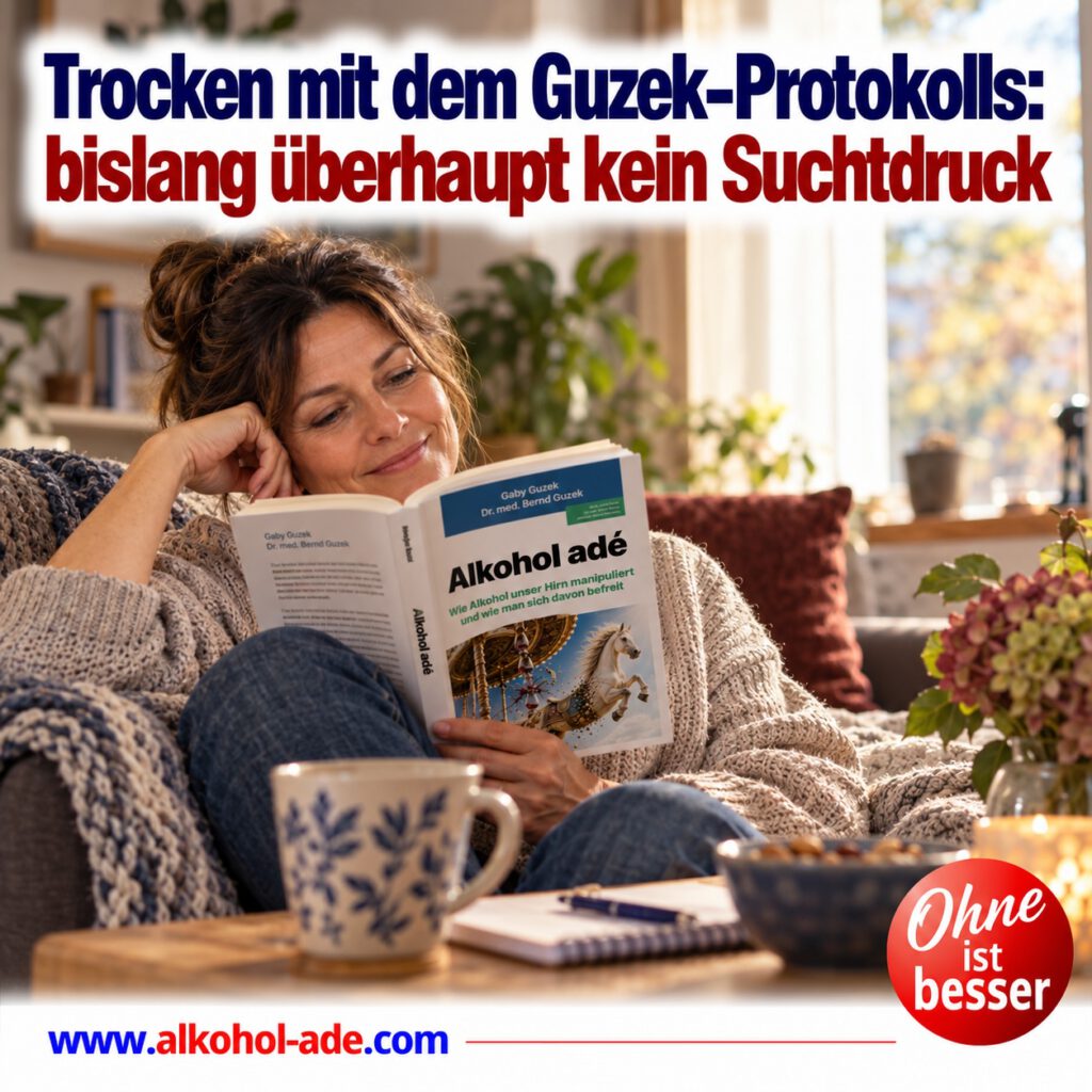 Frau sitzt entspannt zu Hause in einem Sessel und liest das Buch „Alkohol adé“. Die ruhige Alltagsszene steht für einen als überraschend leicht empfundenen Start in die Abstinenz. Überschrift: „Trocken mit dem Guzek-Protokoll: bislang überhaupt kein Suchtdruck.“