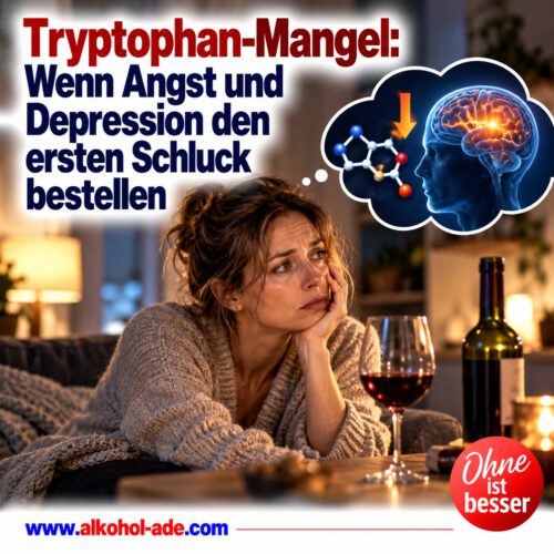 Nachdenkliche Frau sitzt am Abend vor einem Glas Wein und wirkt angespannt und niedergeschlagen. Eine Gedankenblase mit Gehirn und Molekülstruktur symbolisiert den Zusammenhang zwischen Tryptophan, Hirnchemie und Alkoholkonsum. Überschrift: „Tryptophan-Mangel: Wenn Angst und Depression den ersten Schluck bestellen.“